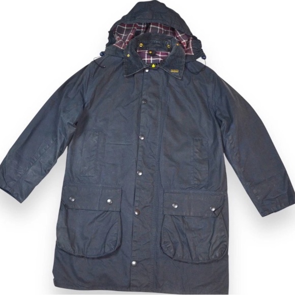 VTG Barbour Border Wax Jacket With Hood 1994 A205 Navy Blue Made In England C38 - Picture 3 of 16